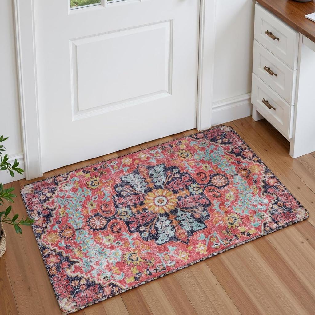 Bohemian Floral Medallion Area Rug - Teal Large Washable Rugs for Living Room Soft Rugs for Bedroom, Turkish Non Slip Indoor