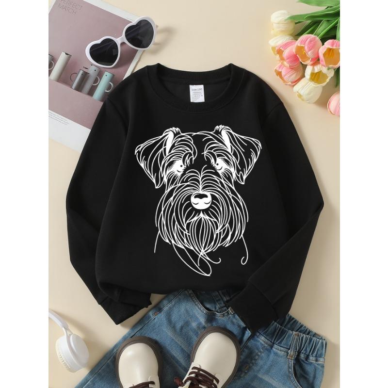 European Sizes Girls' Long-Sleeve Round Neck Sweatshirt "Schnauzer Dog" Print, Spring/Autumn, Casual, Daily & Sports.