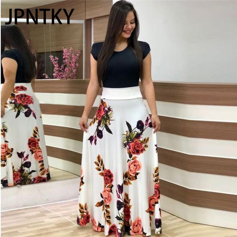 JPNTKY Floral Print Patchwork Short Sleeve Bohemian Dress Women Summer O-Neck Big Swing Long Dresses