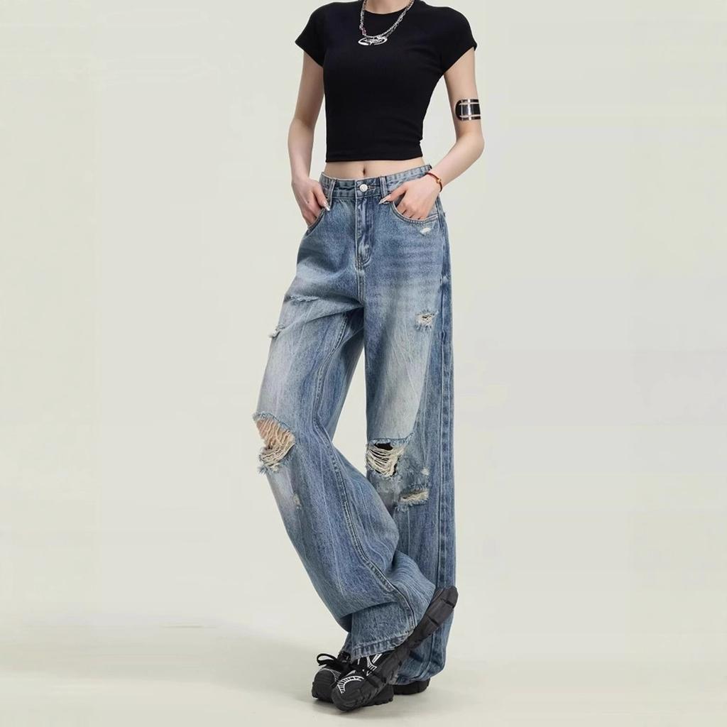 Fashionable Comfortable Ripped Jeans Women Plus Size Pear-shaped Figure Loose Skinny Straight Wide Leg Trousers Jeans for Women Long Denim Pants