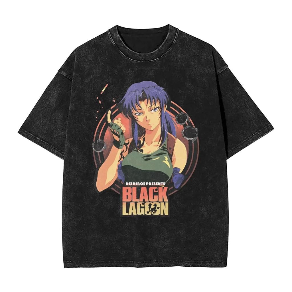 Classic Retro Anime Black Lagoon Graphic Print TShirt Women Men Vintage Washed Oneck Cotton Summer New Tee Loose Oversized Top