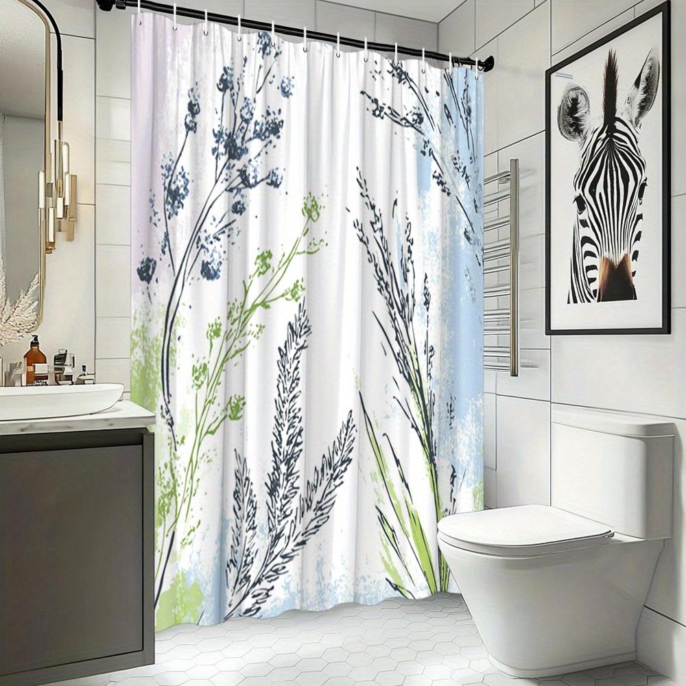 Abstract Botanical Shower Curtain - Delicate Branches & Blue Flowers, Minimalist Whimsical Design, Durable Polyester, 12 Hooks