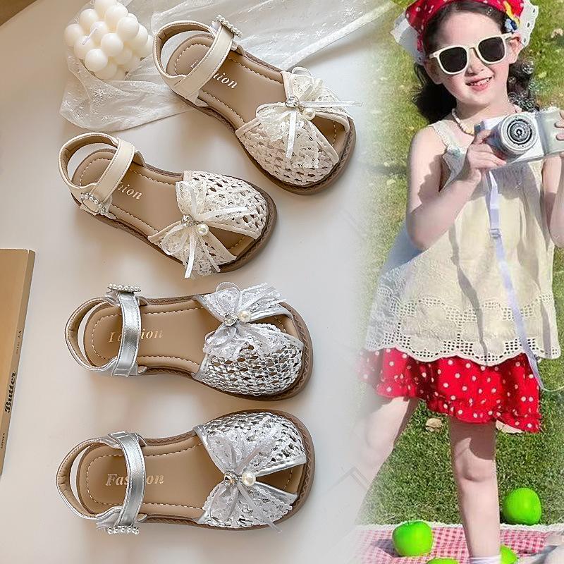 Girls' Heart-Shaped Rhinestone Woven Hollow Sandals2026Summer Children's Mesh Lace Bow Princess Sandals