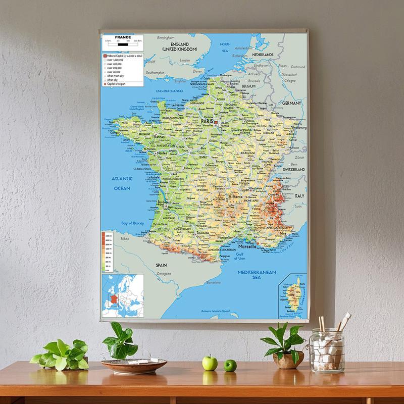 English-France Map-Geographic Map,Art Poster for Home,Classroom,Indoor/Outdoor,Educational Poster,Travel Tool,Unframed