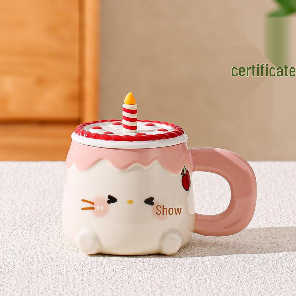 Cute Birthday Cat Candle Mug with Lid & Spoon - Heart Coffee Cup Gift