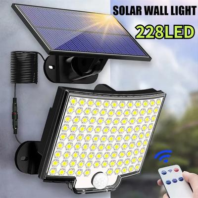228LED Kraftfull LED-sollampa 4 arbetslägen med rörelsesensor Fjärrkontroll Strålkastare Utomhus Trädgård Trädgård Vattentät vägglampa