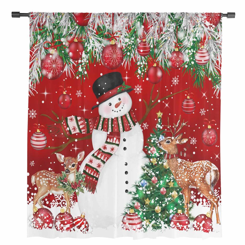 Christmas Ball Snowman Elk Christmas Tree Red Sheer Curtains Living Room Decoration Window Curtains Kitchen Tulle Voile Curtains