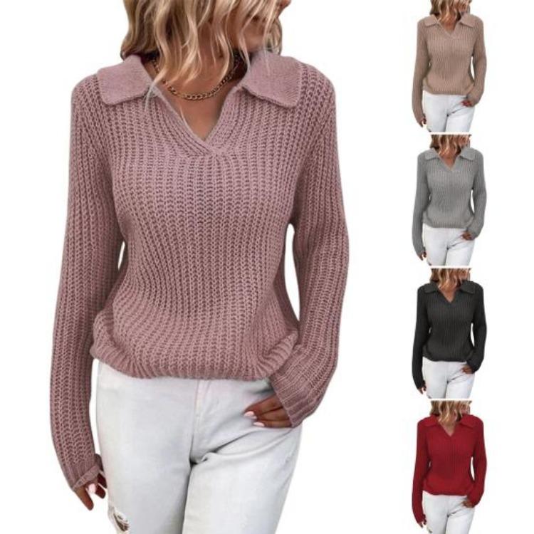 Women Slim Turn Down Collar Long Sleeve Solid Color Knitted Sweater Jumper Autumn Winter Female Clothing