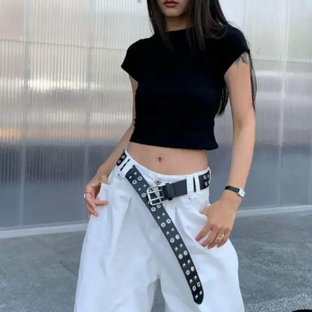 PU Leather Double Row Buckle Waistband Metal Y2K Belt Cool Men Belt  Female