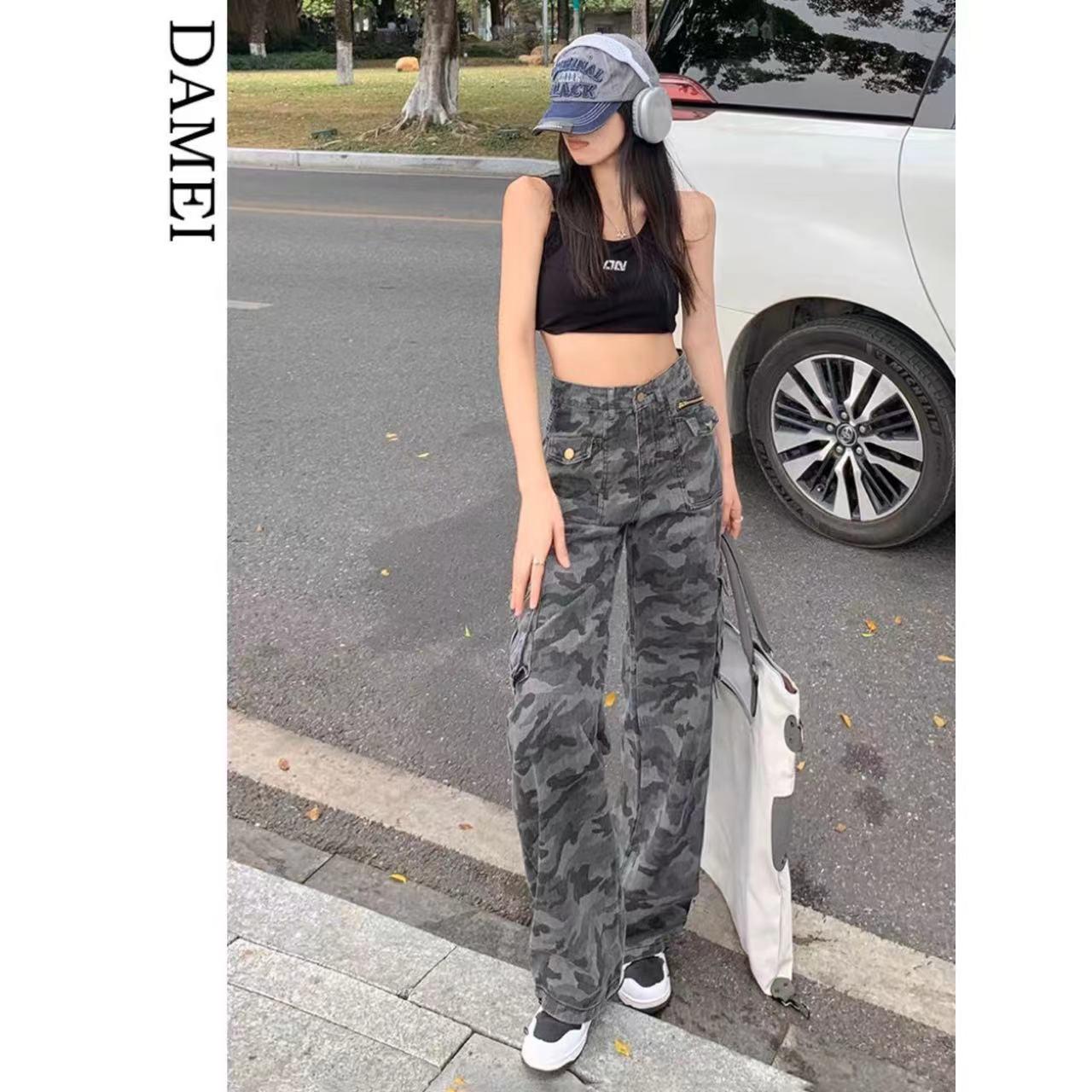 

Women s High-Waist Camouflage Wide-Leg Jeans - Retro, Versatile, Floor-Length, Autumn/Winter XL