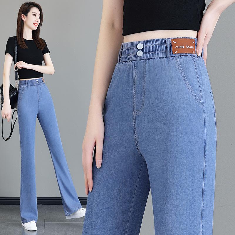 Women's High Waist Elastic Waist Flare Jeans Slim Micro Flared Denim Pants Summer Thin Lyocell Casual Trousers