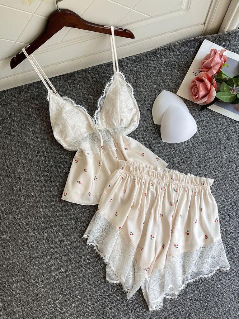 Suspender Pajamas Women's Summer Ice Ribbon Chest Pad Printing Fashion Can Be Worn Outside Pure Desire Style Suit Loungewear