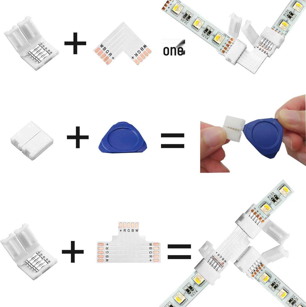 25-Pack 5-Pin 10mm RGBW LED Strip Connector Kit: Solderless L-Type & T-Type Adapters