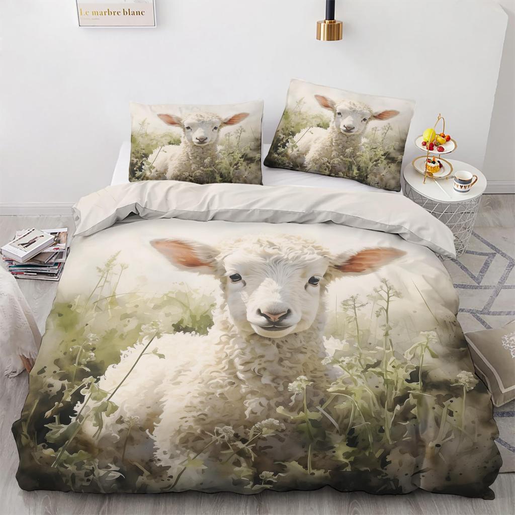Cute Sheep Duvet Cover King Queen Funny Animal Floral Bedding Set Kids Cartoon Farm Animal Comforter Cover Polyester Quilt Cover