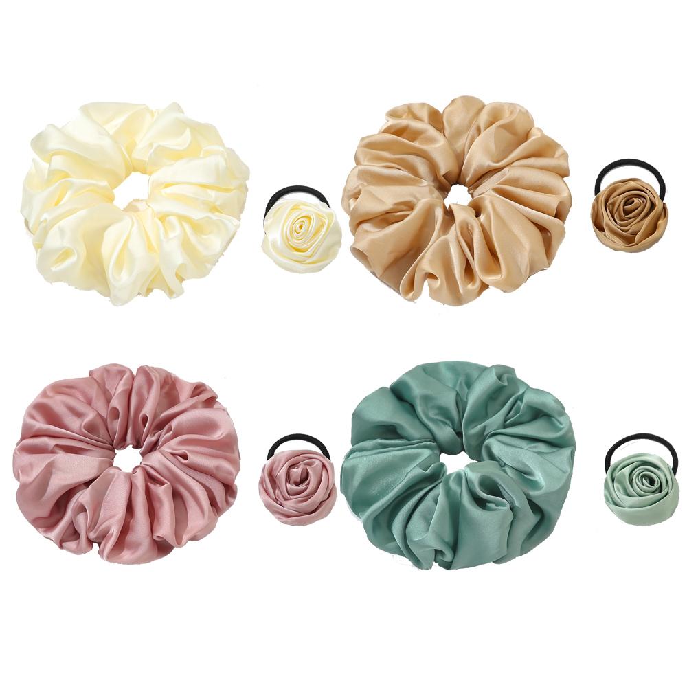 2Pcs Retro Flower Hair Rope Satin Rose Hair Band Summer New Temperament Headband Sweet Elastic Hair Bands Ponytail Holder Women