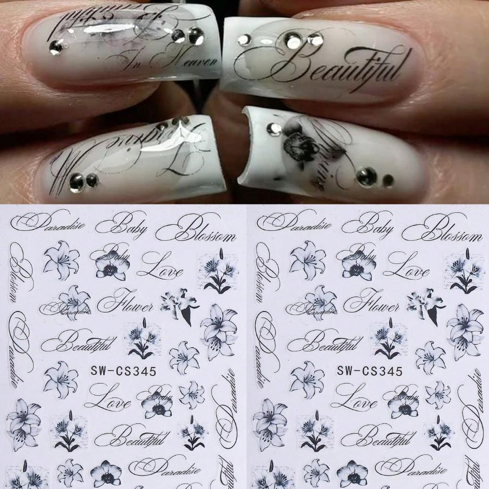 2pcs Lily Letter Nail Stickers, Elegant Black and White Ink Painting Style Flower and Letter Patterns Self-adhesive Nail Decals