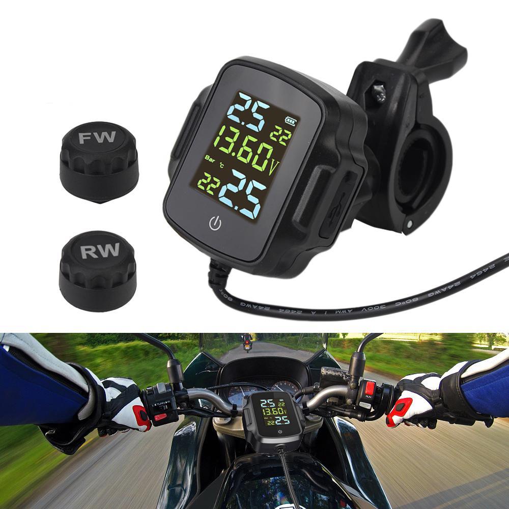 Motorcycle TPMS USB Charger LCD Display With QC 3.0 Tyre Temperature Alarm System With 2 External Sensors For Phone Tablet