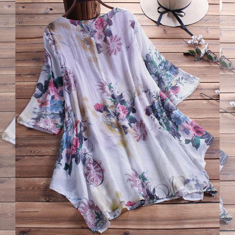 V-neck Floral Dress Spring Cotton and Linen Loose plus Size Women's Clothing Shirt Top