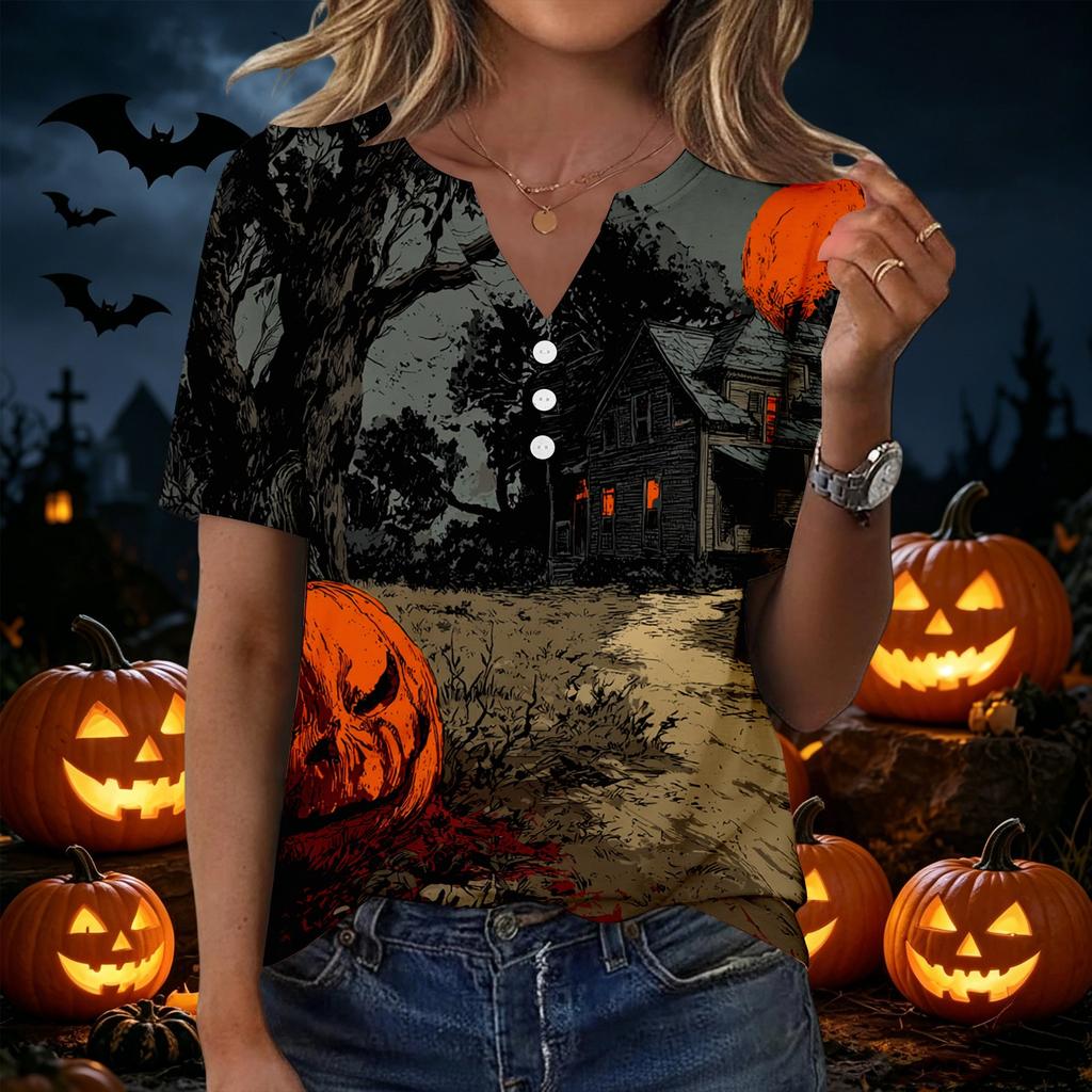 Womens Halloween Print V Neck Short Sleeve Button T Shirt Casual Loose Fit Top with Pumpkin and Bat Design Suitable for Daily Wear
