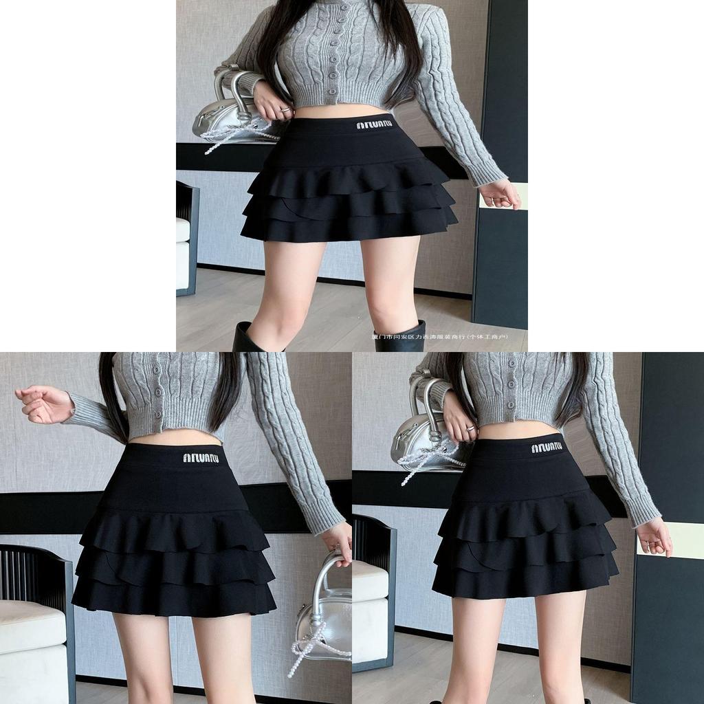 Cotton Blended High Waist Cake Skirt With Ruffle Details For Autumn Winter Fashion