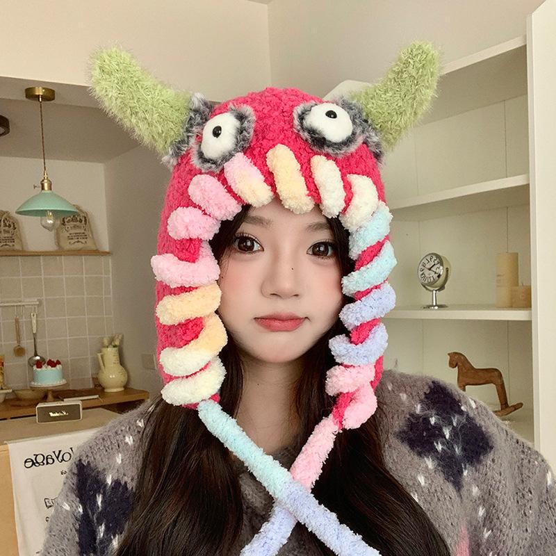 New Trendy Y2K Dopamine Knitted Hats Women Funny Monster Furry Hats Winter Beanie Cap Outdoor Warm Ear Protection Bomber Hats