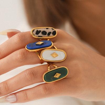 Euro-American Style 18K Gold Stainless Steel Inlaid with Natural Stone White Mother-of-pearl Open Ring, Light Luxury Titaniu