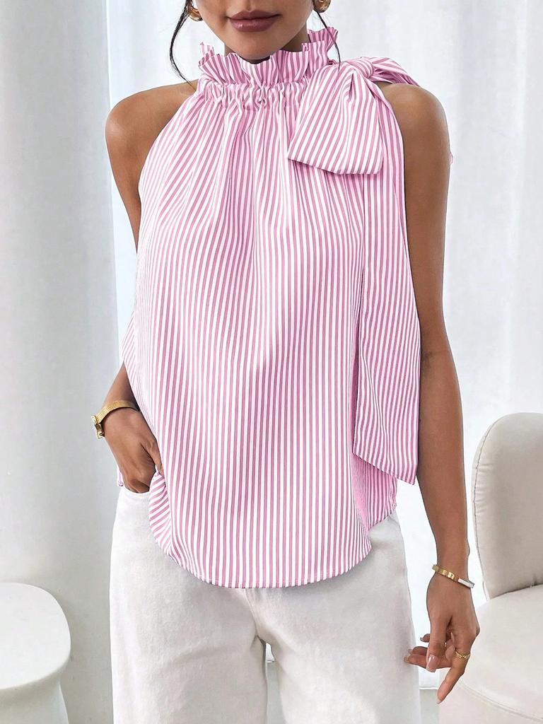 Trendy Casual Striped Ruffled High Neck Tie-Up T-Shirt Top