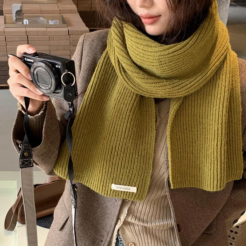 Korean Ins Solid Color Labeling Wool Scarf Women Winter Warm Versatile Student Couple Internet Celebrity Knitted Scarf Tide