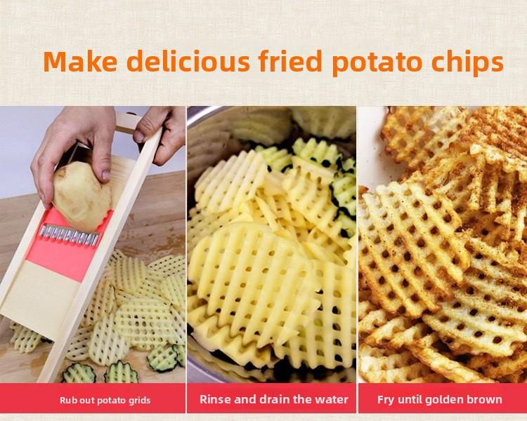 1pc Stainless Steel Waffle Slicer - Natural Solid Wood Handle, Sanded Finish, No Glue or Splices, Perfect for French Fries