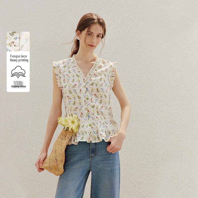 

INMAN 100% Xinjiang Cotton Floral Sleeveless V-Neck Shirt L
