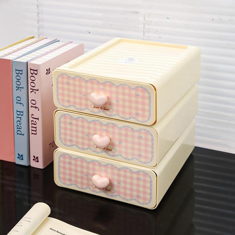 Kawaii Cream Stationery Storage Box Organizer Large Capacity Student Dormitory Sundries Cosmetic Drawer-style Storage Rack Stack