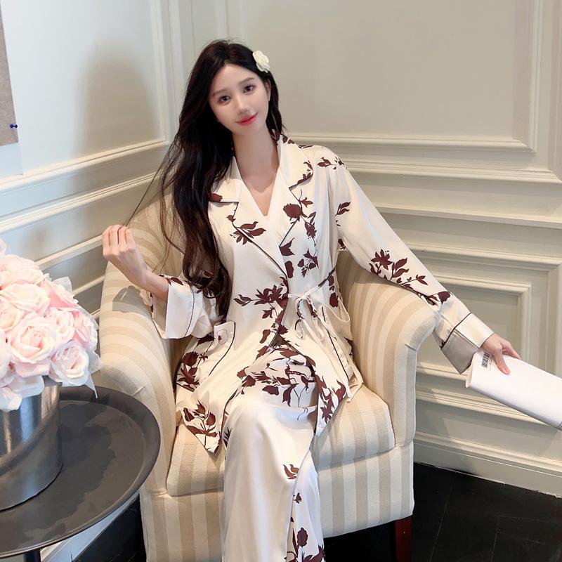 

Пижама из шелка Ice Silk, женская, весенне-осенняя, кардиган, комплект со шнуровкой, пижамный комплект из шелка Ice Silk Sweet Print, пижама M