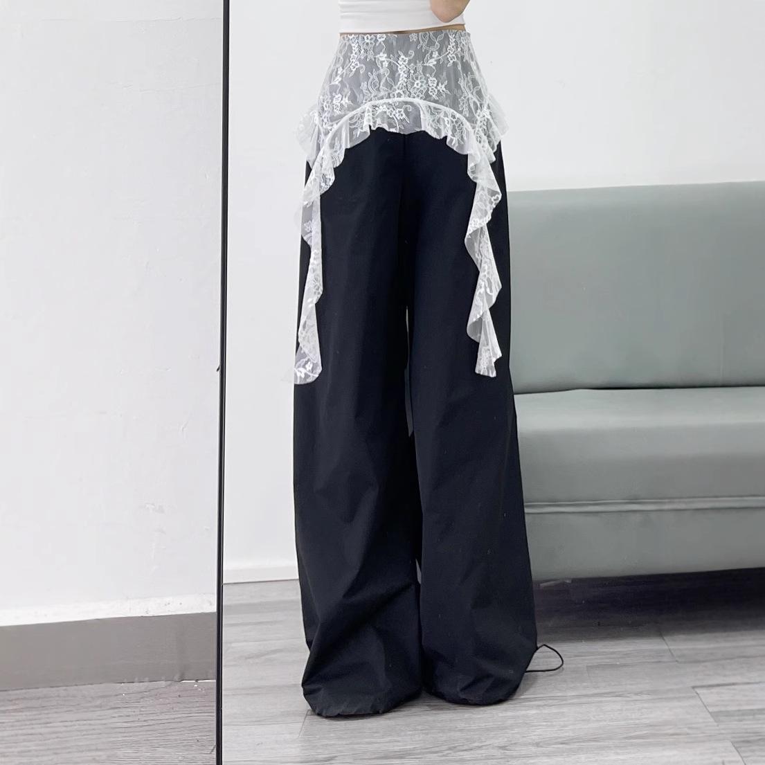 

Spring/Summer Lace Ribbon Skirt Hem Pleated Wide-Leg Casual Pants Small