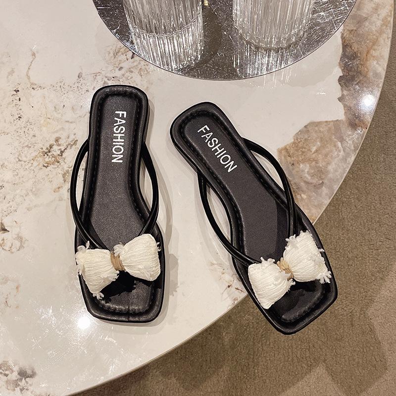 Bow pinch foot flip-flops female summer wear new gentle fairy style with skirt flat bottom cool slippers