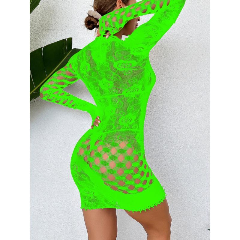 Sexy Hip Skirt, Sexy Underwear, One-piece Hollowed-out Tight-fitting Perspective Long-sleeved Mesh