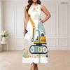 Women Plus Size Round Neck Triple Keyhole Cutout Sleeveless Cartoon Construction Vehicle Printed Maxi Dress