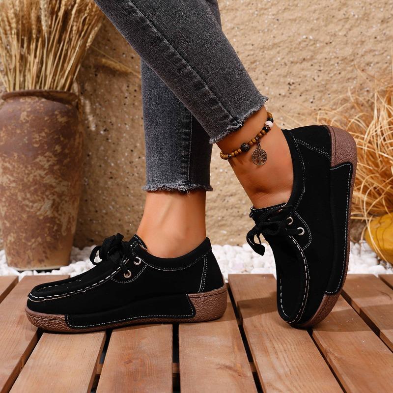 Women's Large Size Suede Thick Sole Lace-Up Loafers Casual Flats.