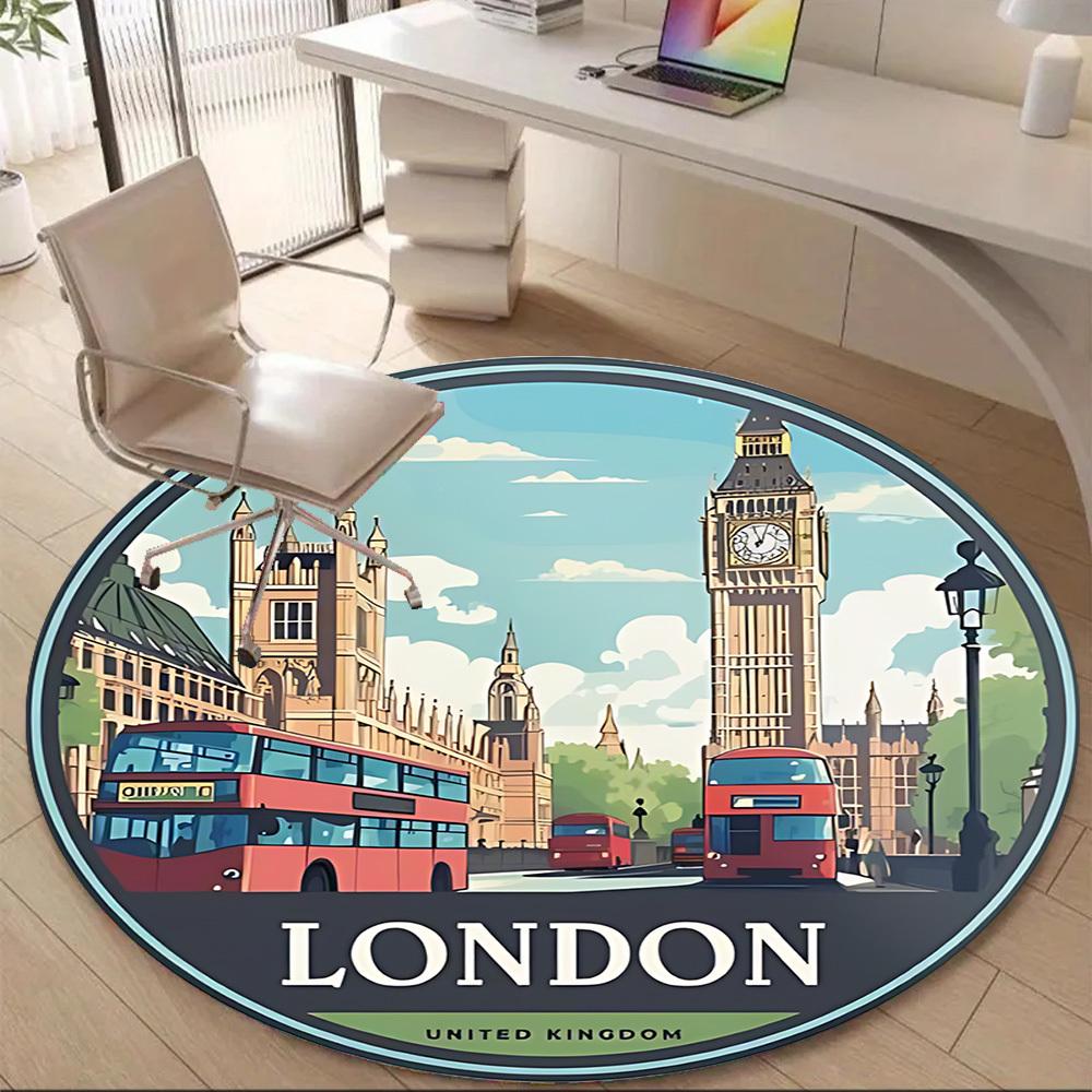 1pc London Bus Office Round Area Rug, Indoor Mat Suitable ForOffice, Under Office Chairs Bedroom Living Room Home Decor, Room Deco, n50