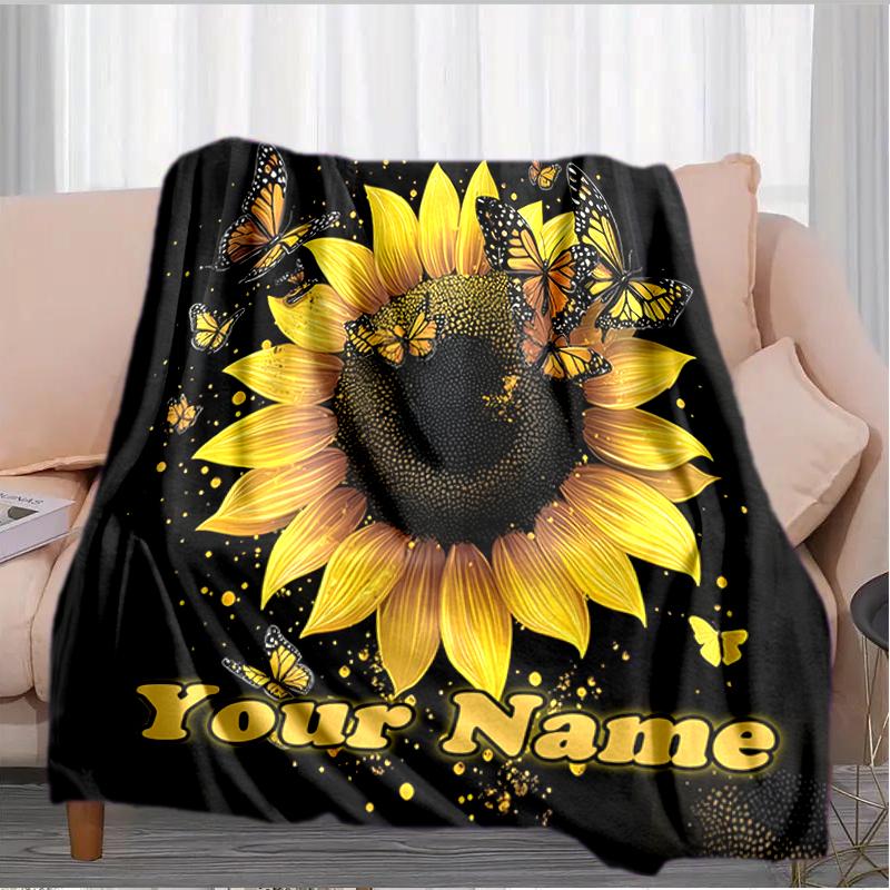 1PC Custom Name Butterflies Sunflower flannel blanket versatile,all-season throw suitable for the living room,bedroom,camping,travel,and gift