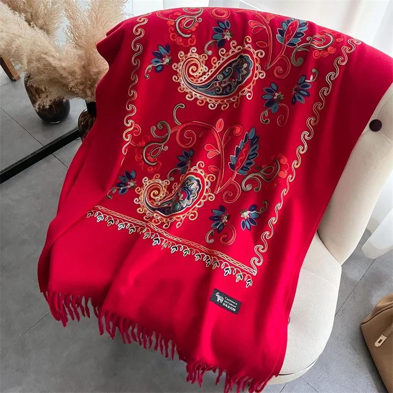 Fashion Scarf Winter Thick Shawl Wrap Head Scarf Women Luxury Embroider Flower Warm Neckerchief Poncho Pashmina Bufanda