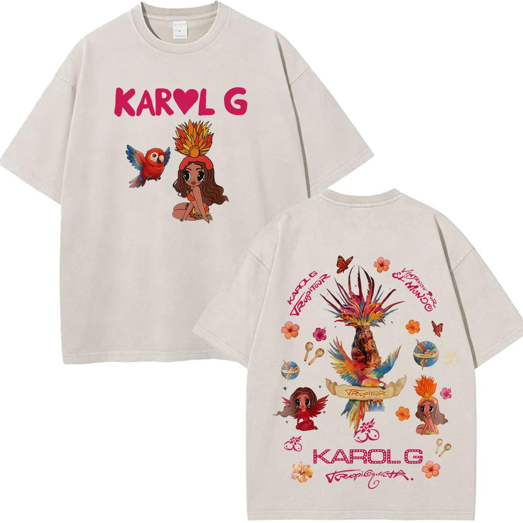 Karol G Viajando Por El Mundo Tropitour  Graphics T Shirt Unisex Women Fashion Cotton Loose Casual Vintage Washed Tshirts Tops