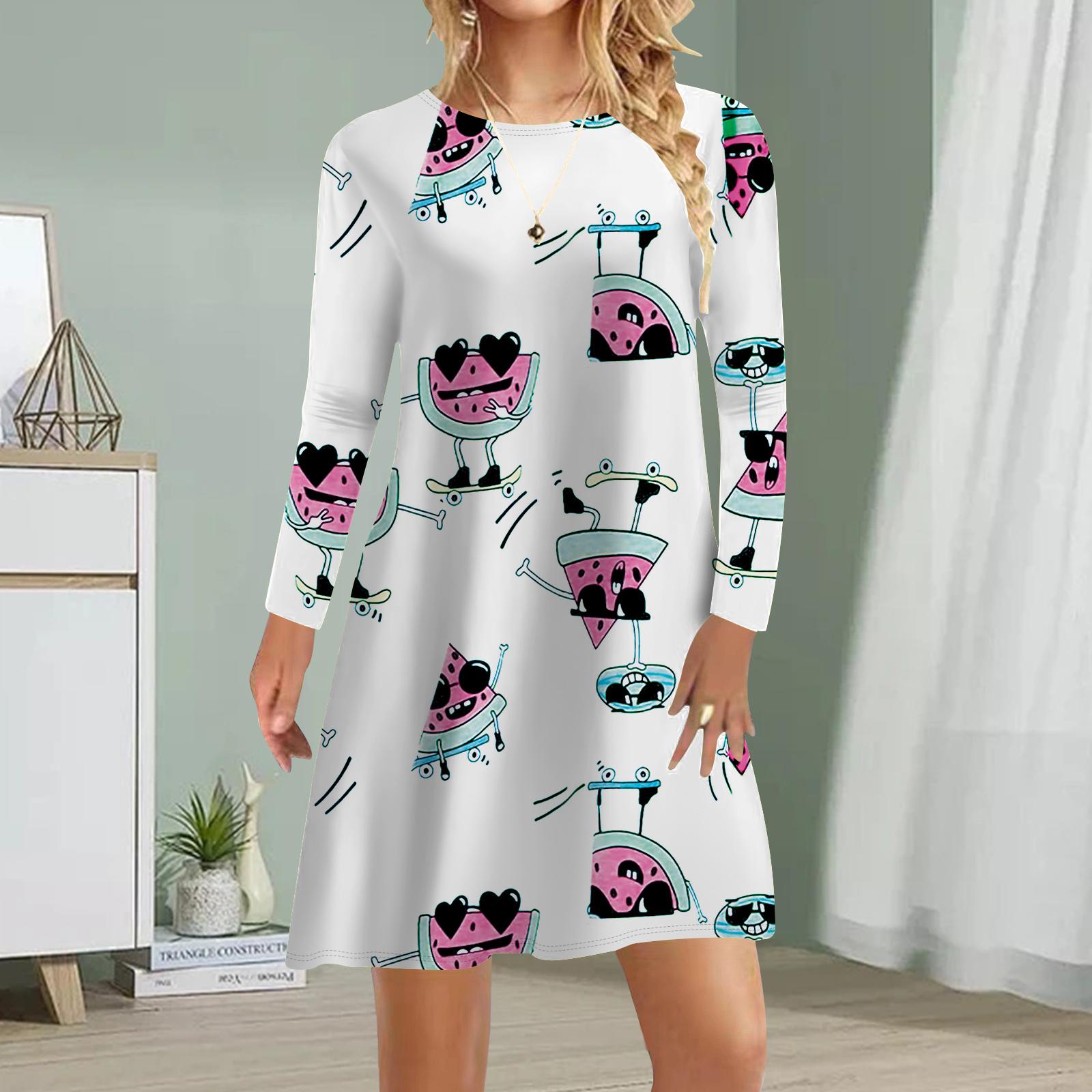 

Женское повседневное платье Осеннее платье с принтом арбуза для женщин Платье с коротким рукавом и круглым вырезом Плюс Размер 8XL белый