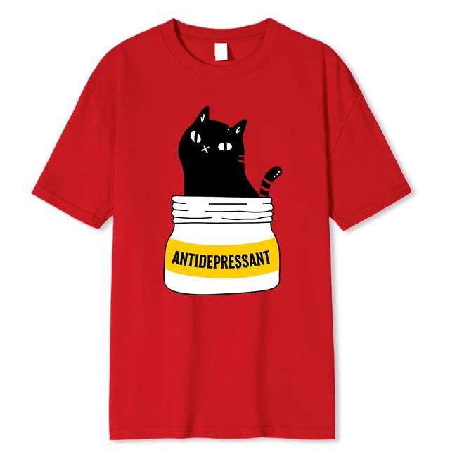 Černá kočka jí antidepresiva Vtipný potisk Dámské Unisex Tričko Módní Nadměrné tričko Vysoce kvalitní bavlněná trička Letní krátký rukáv