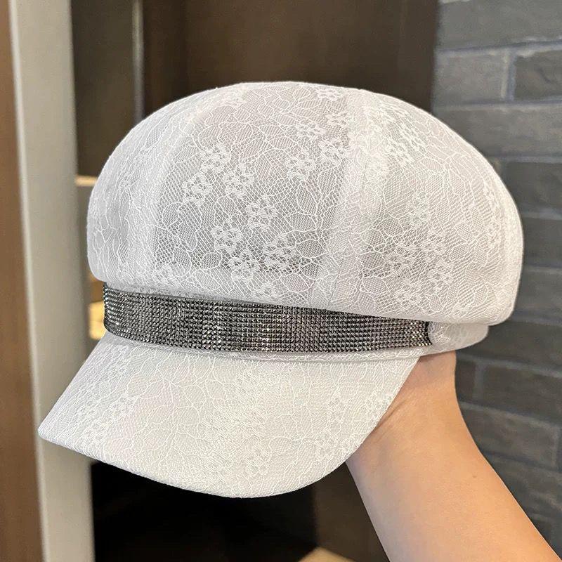 

Новая восьмиугольная шапка со стразами, детская весенне-летняя сетчатая кружевная дышащая шапка с утиным язычком белый