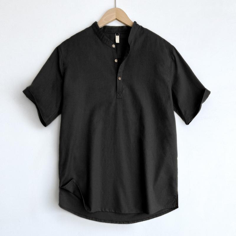 Penguin Dancing High End Linen Men's Short Sleeved Chinese Standing Neck Top Summer Cotton Linen T-shirt Men's Polo Shirt
