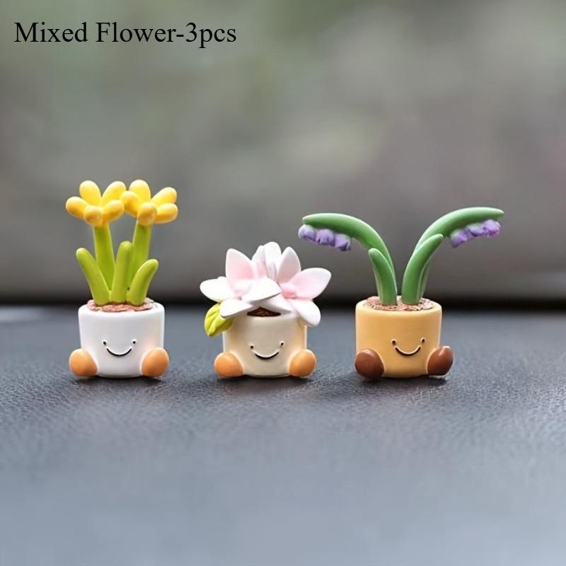 3pcs Cute Car Accessories Ornaments Pot Plant Flower Car Mini Ornaments Car Dashboard Ornaments Vehicle Interior Mini Ornaments