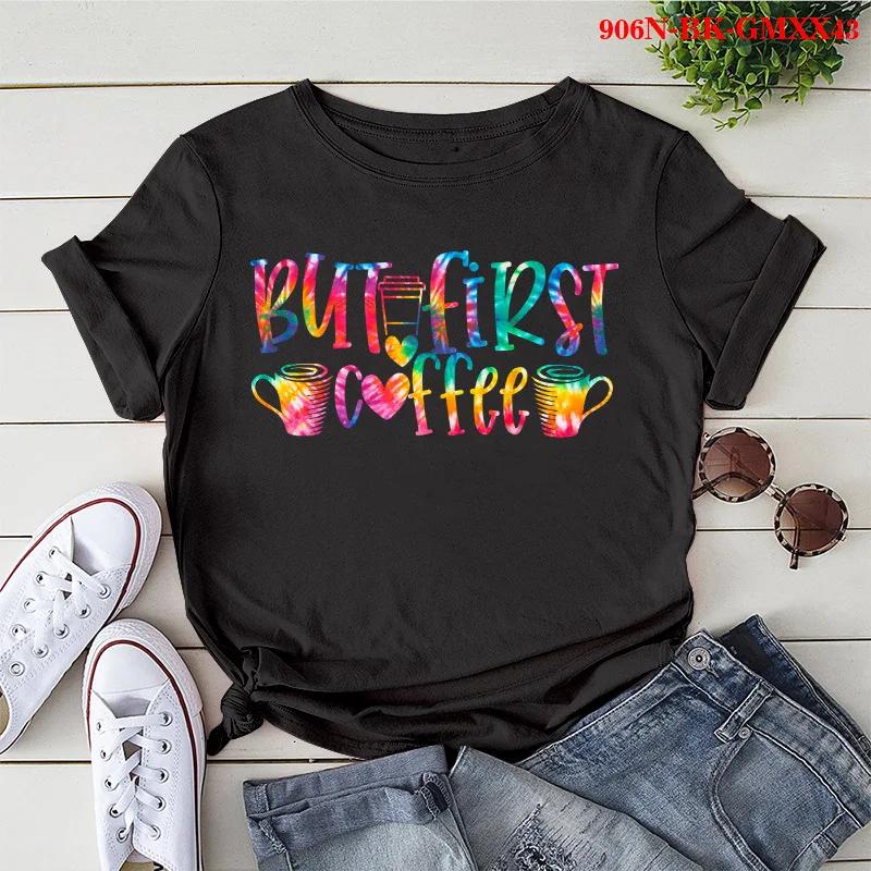 

But First Coffee Colorful Print Women T Shirt Short Sleeve O Neck Loose Women Tshirt Ladies Tee Shirt Tops Camisetas Mujer XXXL темно-синього кольору