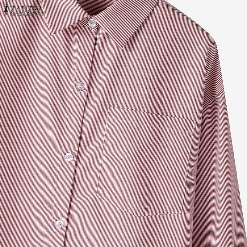 ZANZEA Women Casual Turn Down Collar Long Sleeve Loose Stripe Blouse