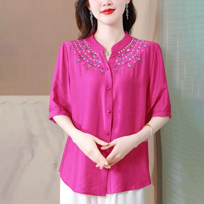 Summer Fashion: Plus Size Women's 5-Point Sleeve Loose Slim Shirt for Middle-Aged Moms