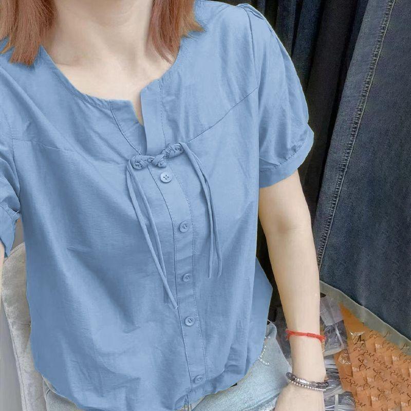 

Summer Women s Cotton Chinese Style Drawstring Short Sleeved Shirt Solid Round Neck Thin Button Waist Collection Loose Top S світло-синій колір